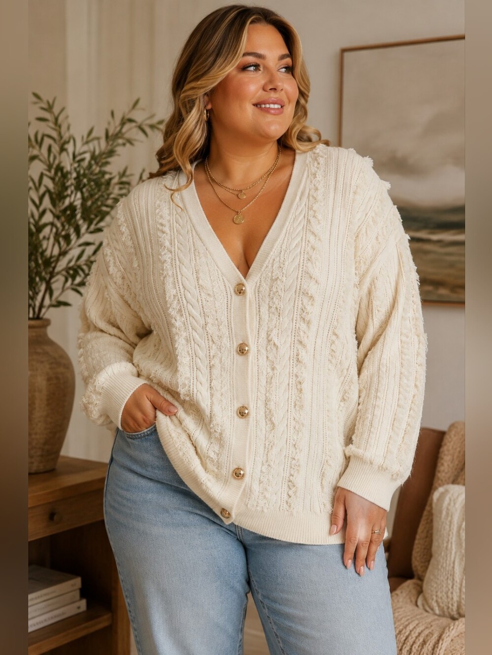 Future Collective Relaxed Fit Cable Knit Cardigan Sweater Cream 1X Gold Buttons